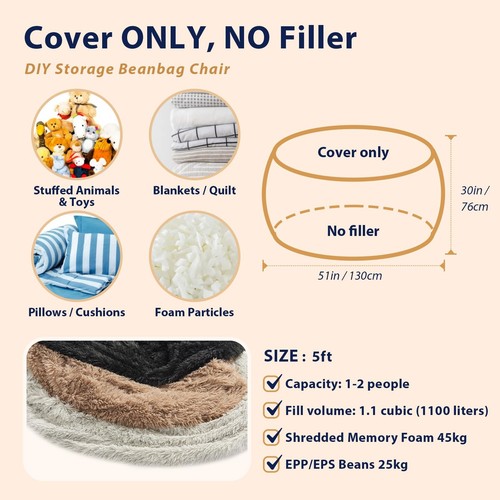 Bean Bag Cover(No Filler), Faux Fur Comfy Bean Bag Chairs for Adults, Washabl... - Picture 6 of 8
