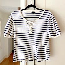 Lauren Ralph Lauren Navy Stripe Lace Up Top Women’s L Nautical Coastal Style