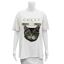 GUCCI | White Cotton Sequin Cat T-Shirt Size S