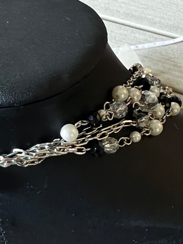 WHITE HOUSE BLACK MARKET BRAND Faux Pearls  Black & Clear Crystal Beads 5 Strand - Picture 9 of 16