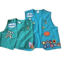 Vintage Girl Scouts Green Vest Uniform With Pins Patches Sz Large sz 10 LOT