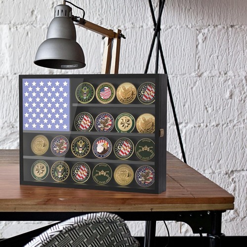 Large Challenge Coin Display Case, Coin Holder Wooden American Flag Wall Decor,  - Picture 6 of 6