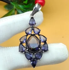 Blue Tanzanite Gemstone Handmade 925 Sterling Silver Jewelry Pendant Size 2.4"