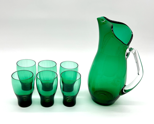 Brocca vintage Blefeld & Co verde soffiata a mano con 6 bicchieri abbinati - Foto 1 di 14