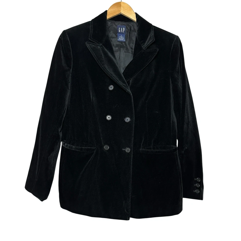 Blazer de terciopelo negro Y2K GAP para mujer talla 8 chaqueta de doble pecho silencioso de lujo Foto 2 de 4