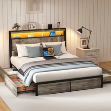 King Size LED Bed Frame with Storage Headboard and 4 Drawers Charging ,Grey