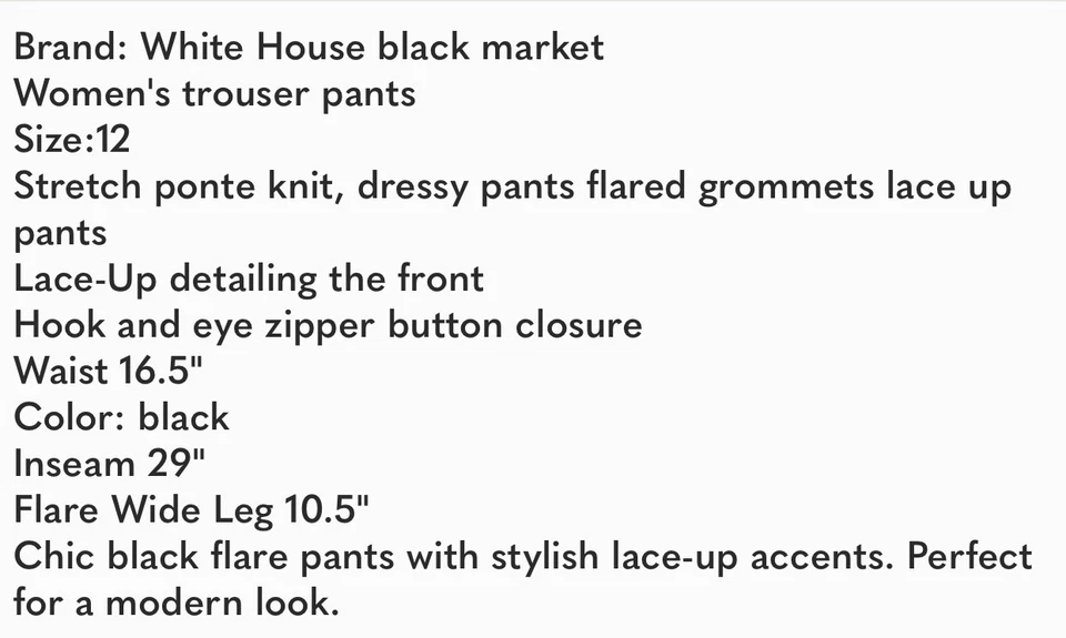 White House Black Market Trousers Pants women's size 12 black stretch Flare - Image 4 of 4