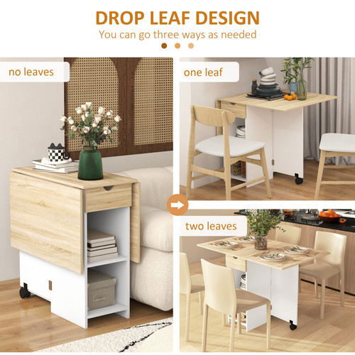 HOMCOM Foldable Dining Table, Drop Leaf Table with Storage for Kitchen, Oak - Picture 7 of 11