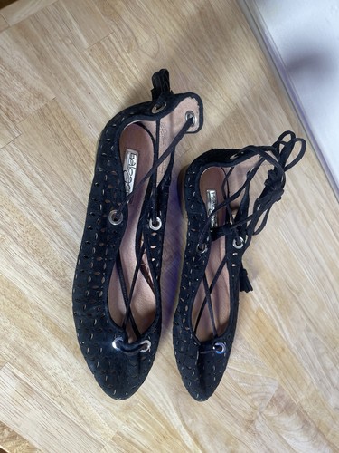 HALOGEN Perforated Suede Lasercut Lace Up Ballet Flats Shoes Size 7.5 Black - Picture 1 of 5
