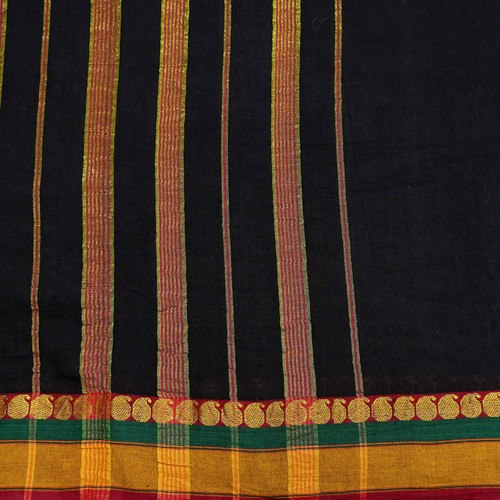 Vintage Sari Black Pure Cotton Hand Woven Sarees Craft Fabric 6yd Ethnic Zari - Picture 5 of 24