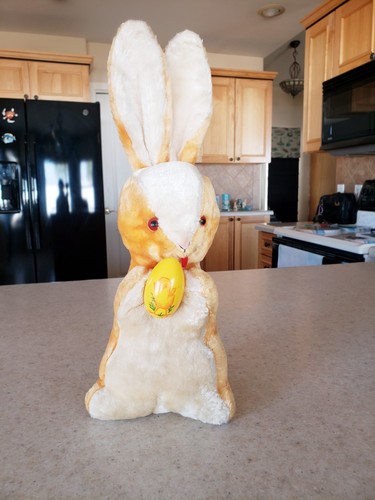 Vintage 1950's Velveteen Bunny Rabbit With Yellow Chick Egg Rattle Rare - Picture 1 of 15