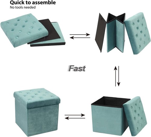 Velvet Tufted Folding Storage Ottoman Cube with Removable Lid – Teal - Picture 7 of 8