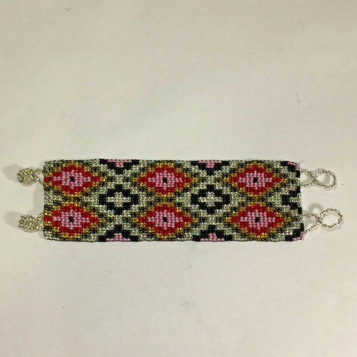 Vtg Style Bracelet Glass Seed Bead Woven Mosaic Pink Black Gold Red - Picture 9 of 9