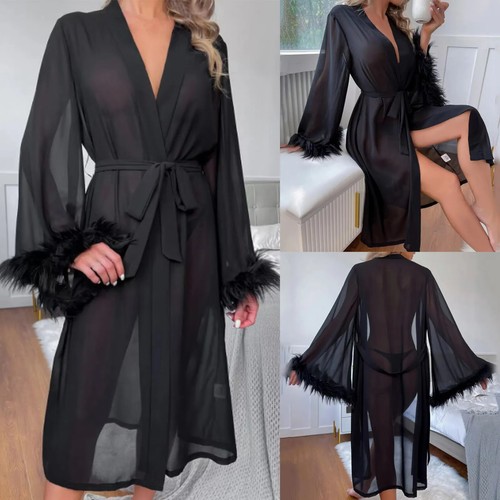 New Summer Women's Robes Simulation Silk Feather Long Long-Sleeved Pajamas - Picture 4 of 15