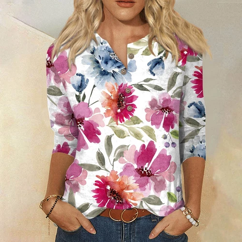 3/4 Length Sleeve Womens Tops Casual Loose Fit V-neck Shirts Floral Tunic Tops - Picture 37 of 51