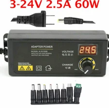 3V-24V 2.5A 60W Adjustable DC Power Supply Adapter Control Volt Display 8 Plugs
