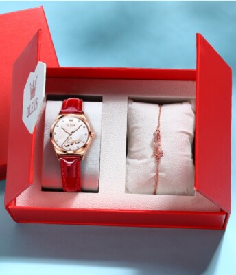 OLEVS Women's Quartz Elegant Watch Leather Band Gems LOVE + Bracelet for Gift