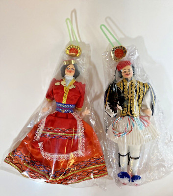 Vtg Evelt Greek Dolls- Costumed Man & Woman Souvenir- Traditional Greek Dress
