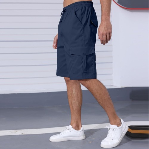 Men's Cargo Shorts Elastic Waist Multi-Pocket Lightweight Outdoor Relaxed Fit - Picture 2 of 20