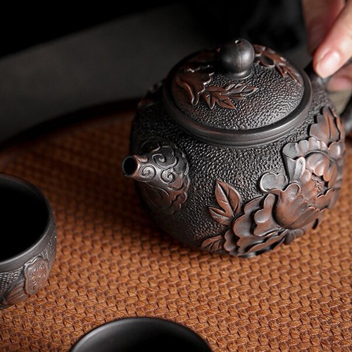 Handmade Carve Peony Flower Blossom Embossed Purple Pottery Tea Pot Marked 6.8oz - Picture 9 of 10