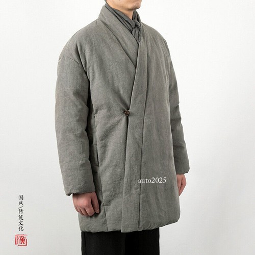 Retro Winter New Chinese Style Cotton Linen Jacket Mens Hanfu Cotton Warm Jacket - Picture 2 of 27