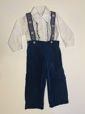 Vintage Toddler Boy 24M Overalls Velvet Shirt Set Navy White Flower
