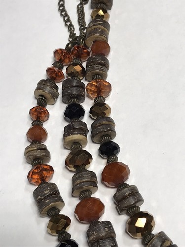 Vintage Wood Glass Stone Bead Necklace Amber Brushed Copper Faceted Mottled - Picture 10 of 11