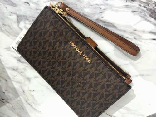 Michael Kors Jet Set Travel Large DoubleZip Wristlet Wallet MK Logo Brown - Picture 2 of 18