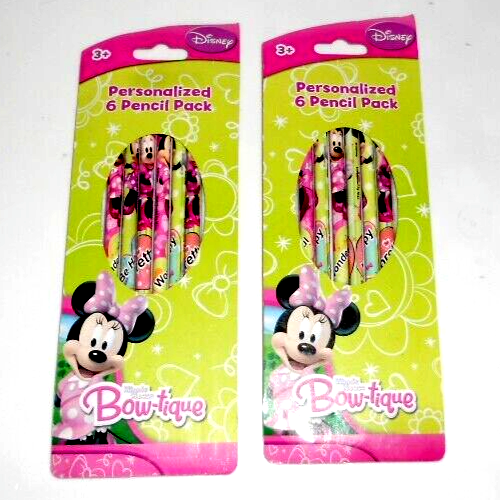 Disney Bow-Tique Minnie Mouse Personalized 6 Pencil Pack (2 Packs) NOS