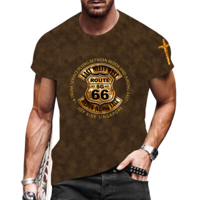 Men T-Shirt Route 66 Brown Gold Cross Fashion Graphic Short Sleeve T Shirt Dress