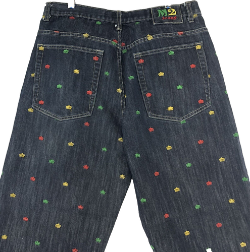 M2 Jeans Herren 34x34 All Over Bestickt Kronen Baggy Stacked Skater Vintage Y2K - Bild 7 von 10