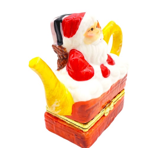 Small Porcelain Santa Hinged Trinket Box Christmas Tea Pot Porcelain Holiday Jew - Picture 2 of 5