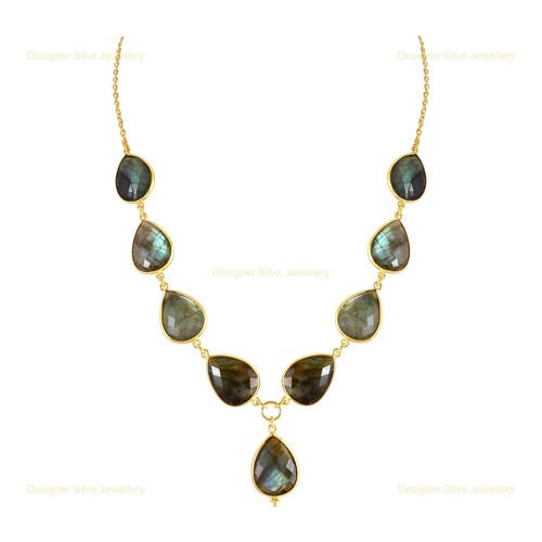 Rainbow moonstone Gemstone Labradorite Wife Beaded Necklace Yellow Gold Vermeil - Picture 3 of 8