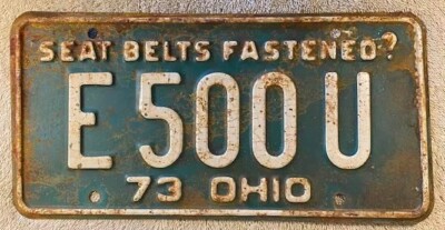 1973 Ohio Vintage License Plate Pair E 500U Embossed Steel Seat