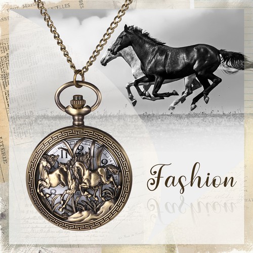 Antique Hollow Horse Analog Quartz Pocket Watch Necklace Sweater Chain Men Women - Picture 3 of 6