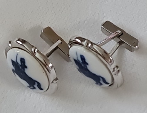 Vintage Cufflinks Sterling Silver White & Blue Porcelain Made in Denmark - Picture 3 of 5