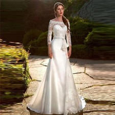Satin Mermaid Wedding Dresses Long Sleeves Lace Applique Bridal Gown Custom Made