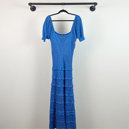 Nuevo con etiquetas Vestido midi tejido a ganchillo manga abullonada Aqua Bloomingdale’s en azul grande para mujer - Imagen 3 de 6