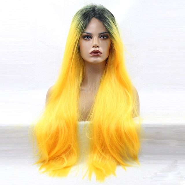 Fashion Hair Black Root Neon Yellow Ombre Women Long Wavy Wig Lace