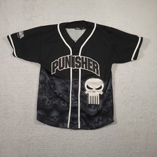 Vintage The Punisher Baseball Jersey Mens M Black Skulls Wrap Around AOP 00s