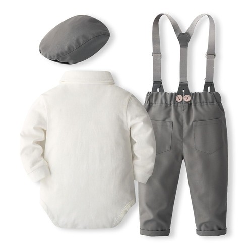 Baby Boys Tuxedo Suit Set Gentleman Bowtie Shirt Pants Beret Hat Infant 0-24M - Picture 2 of 8
