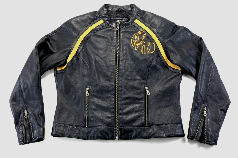 harley davidson jacket L black red yellow leather Wildcard RARE soft zip womens - Image 2 of 4