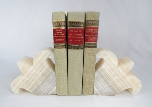 Vintage gestreifte geschnitzte Alabaster Fleur de Lis Lys elegante Buchstützen - Bild 5 von 5