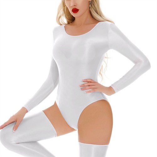 Women's Oil Glossy Bodysuit Long Sleeve Yoga Rompers Swimwear One-piece Leotard - Picture 68 of 69