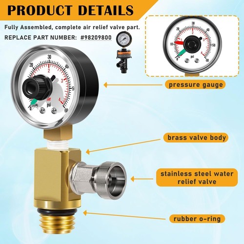 For RV40600 Pentair 98209800 Brass Air Relief Valve Gauge FNS Plus Clean & Clear - Picture 4 of 16