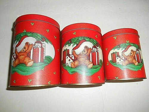 SET OF 3 VINTAGE 1988 ROUND CHRISTMAS HOLIDAY NESTING TINS TEDDY BEAR - Picture 11 of 15