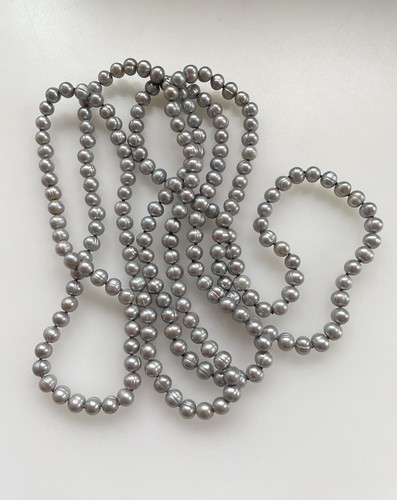 Vintage Estate Metallic Silver Grey Flapper Pearl Rope Necklace 57" - Picture 3 of 5