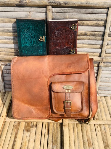 16 inch Leather Handmade Vintage Laptop Messenger Satchel Bag Two Journals Gift - Picture 4 of 6