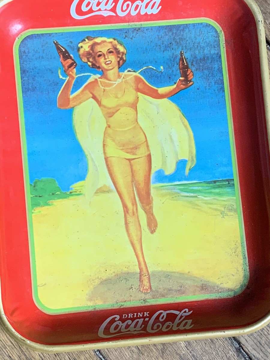 Plateau de service original en tôle Coca Cola vintage 1937 PIN-UP