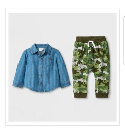 Cat & Jack Infant Boys 2Pc Baby Outfit Blue Denim Shirt & Dino Camo Jogger NB - Picture 2 of 2